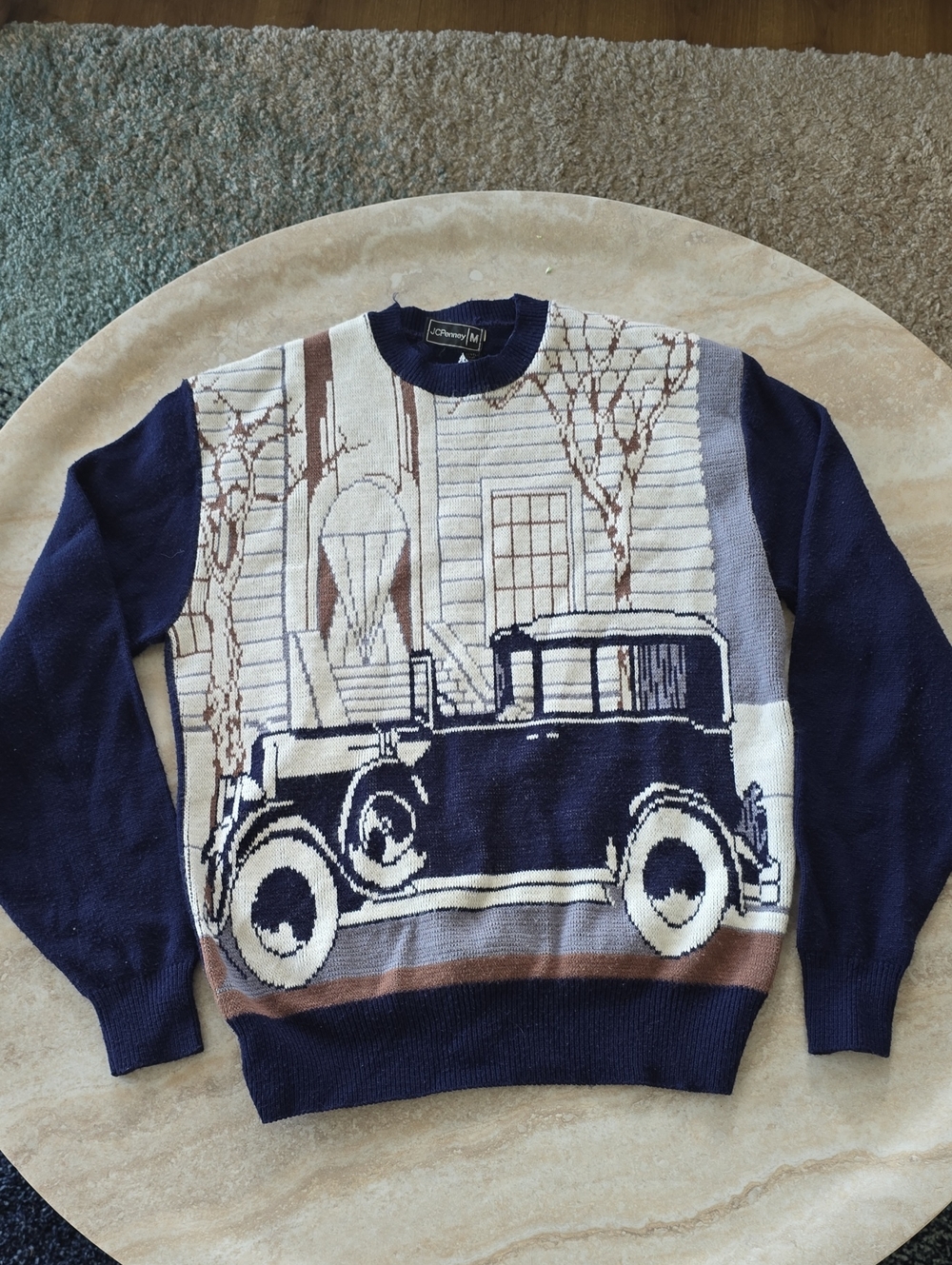 Vintage JCPenney Antique Car Graphic Knit Sweater Navy Blue Men’s M